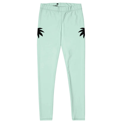 Light blue Mambí leggings with a high waistband, featuring two black palm leaf shapes on the upper outer thigh area of each leg. The leggings are displayed flat against a white background.