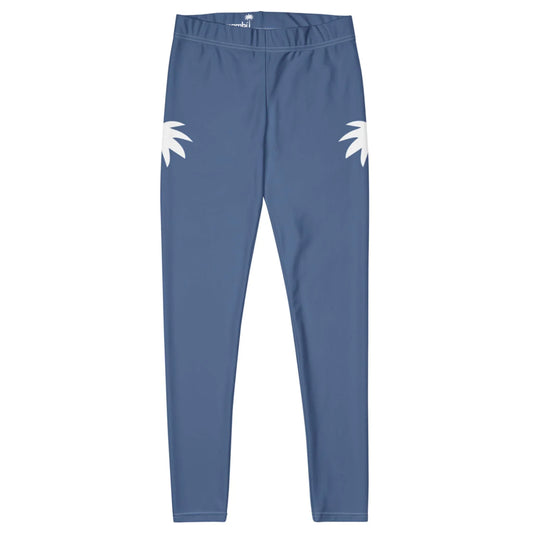 Blue Mambí leggings with an elastic waistband and two white palm leaf designs on each hip, displayed on a plain white background.