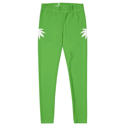 Green Mambí leggings with a simple design featuring two white, petal-like shapes on the sides near the hips; no other patterns or decorations are visible.