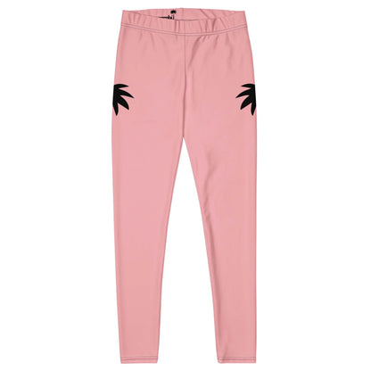 Pink leggings with an elastic waistband, featuring two black palm tree silhouettes near the hips. These Mambí leggings have a smooth, fitted design and are shown laid flat on a white background.