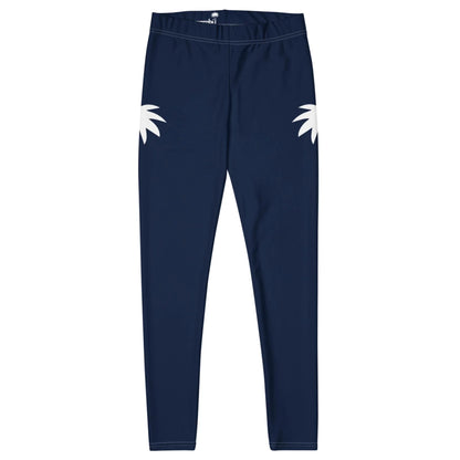 Navy blue Mambí leggings with a slim fit and two white palm leaf designs on the hips, displayed against a white background.