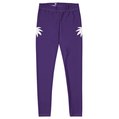 Mambí purple leggings with an elastic waistband and two white palm leaf designs, one on each hip. The leggings are displayed flat on a white background.