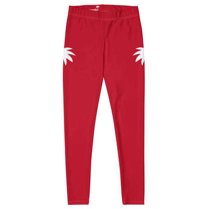Red Mambí leggings with a high waist and two white palm leaf shapes on the upper thigh area, displayed on a plain white background.