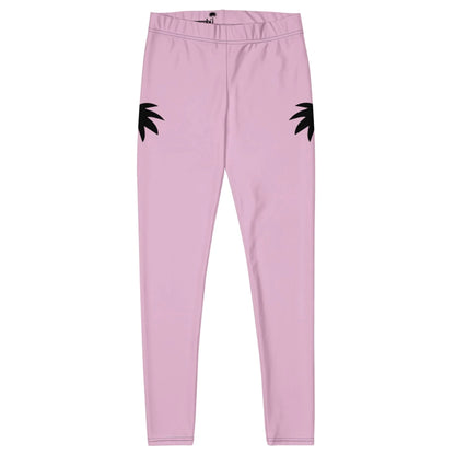 Light pink Mambí leggings with two black palm tree silhouettes, one on each hip area, displayed on a plain white background.