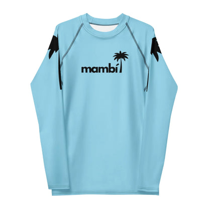 A light blue long-sleeve shirt featuring a Mambí and palm tree graphic in black on the front, with black palm tree silhouettes on the upper sleeves.