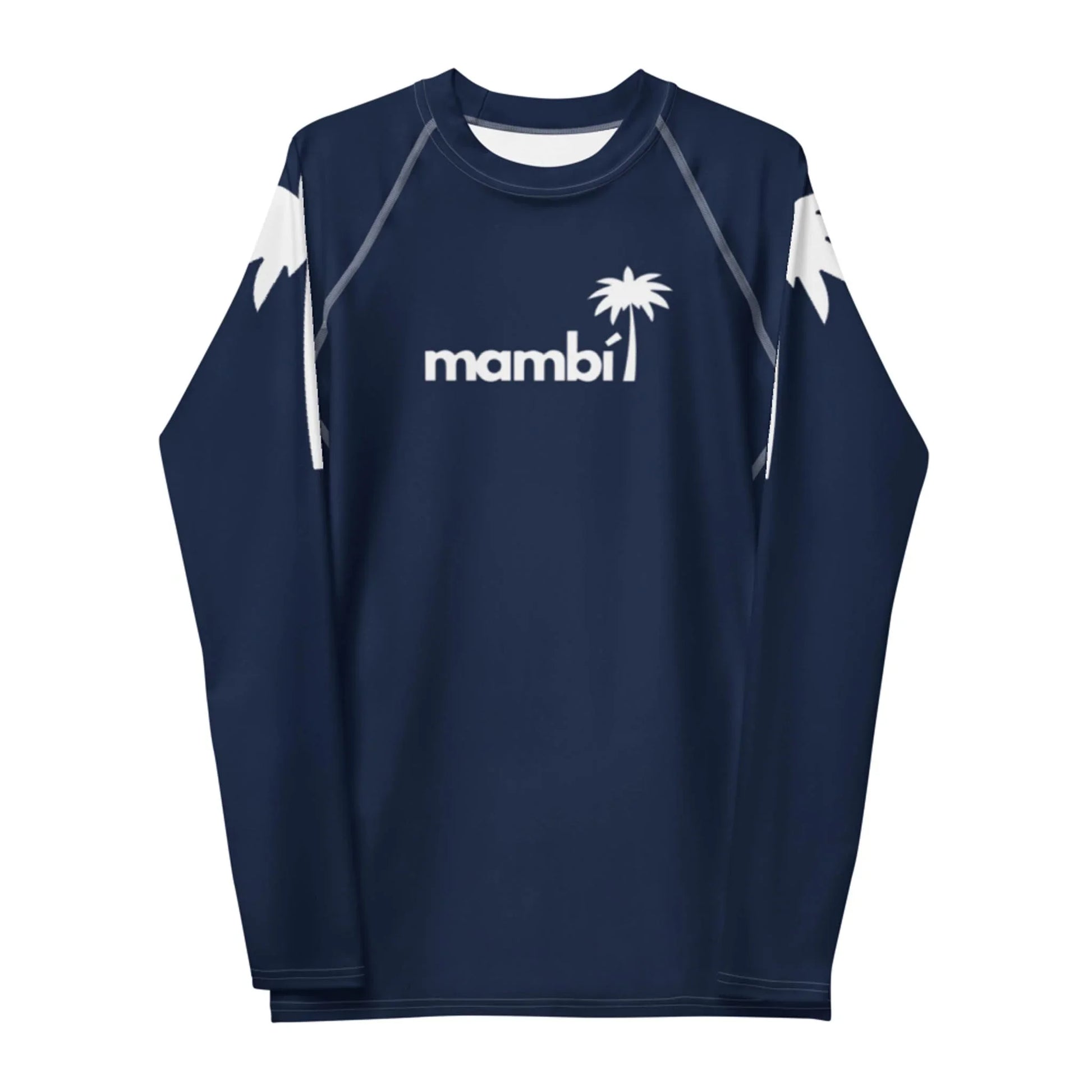 A navy blue long-sleeve shirt featuring bold white Mambí text and a palm tree graphic on the chest, with white abstract designs accenting the shoulders and upper sleeves.