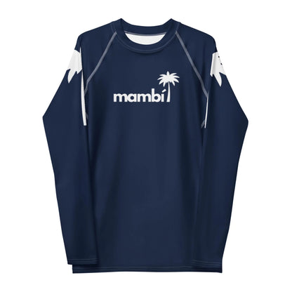 A navy blue long-sleeve shirt featuring bold white Mambí text and a palm tree graphic on the chest, with white abstract designs accenting the shoulders and upper sleeves.
