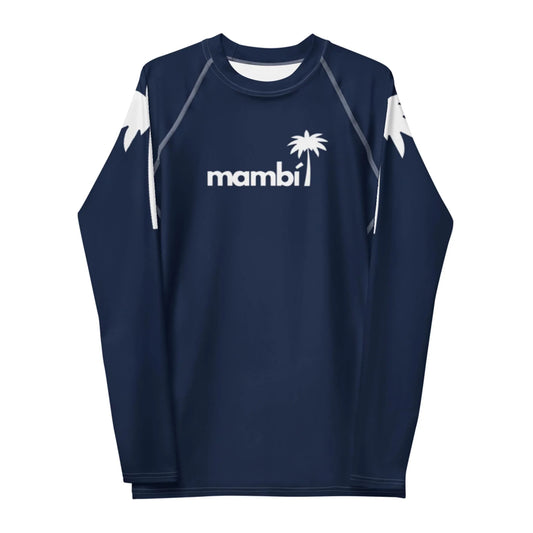 A navy blue long-sleeve shirt featuring bold white Mambí text and a palm tree graphic on the chest, with white abstract designs accenting the shoulders and upper sleeves.