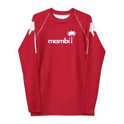 A long-sleeve red shirt with white accents on the shoulders, featuring the word Mambí and a palm tree graphic printed in white on the chest.