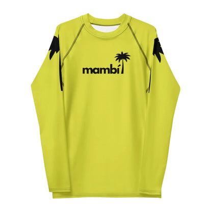 A bright yellow long-sleeve shirt featuring “Mambí” and a palm tree graphic in black on the chest, plus black palm tree graphics on both shoulders. The shirt has a rounded neckline.