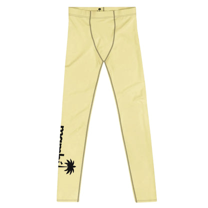 Light yellow leggings with gray stitching, featuring a black palm tree graphic and the word MOOD! on the lower side of the left leg. Mambí style for a bold look.