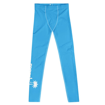 Bright blue athletic leggings with white seams and a white graphic of a palm tree, Mambí text on the lower left leg. The leggings are laid flat on a white background.