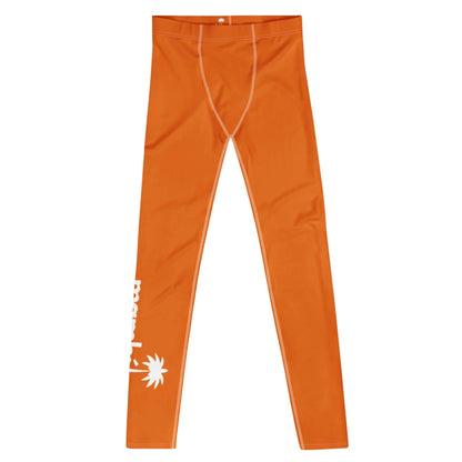 Bright orange athletic leggings with white stitching, featuring a Mambí palm tree graphic and partial text on the lower left leg.