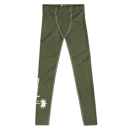 Olive green Mambí athletic leggings with white seams and a white graphic featuring a palm tree and partial text on the lower left leg. The leggings are laid flat on a white background.