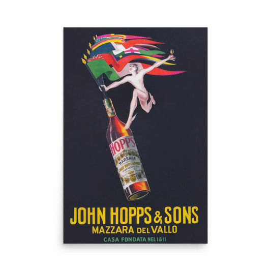 Vintage poster showing a flying chimpanzee holding colorful flags, emerging from a tilted bottle labeled HOPPS. Bold yellow text reads John Hopps & Sons, Mazzara Del Vallo, with a touch of Mambí spirit. Casa Fondata Nel 1811.
