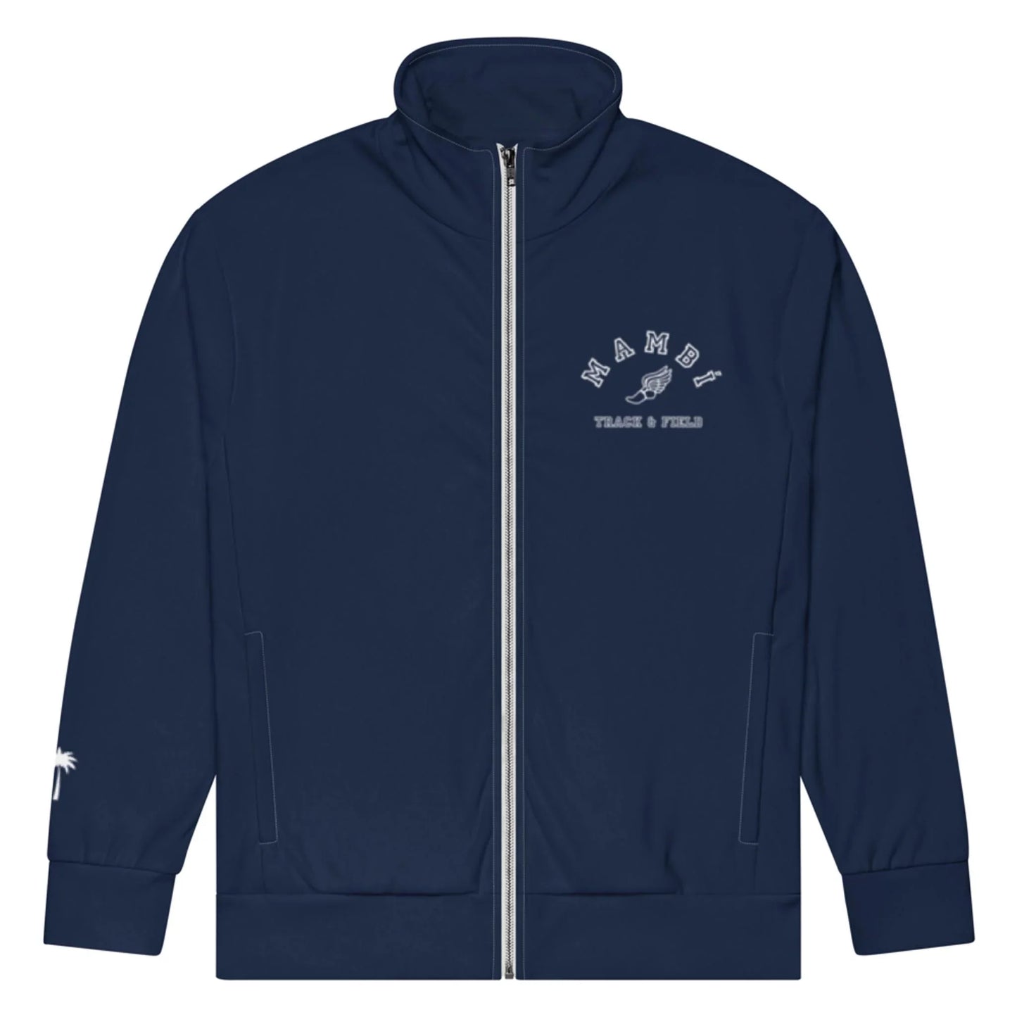 Navy blue track jacket with a front zipper, featuring MIAMI Track & Field, a shoe graphic on the left chest, and a subtle Mambí touch with a small white palm tree design on the right sleeve near the wrist.