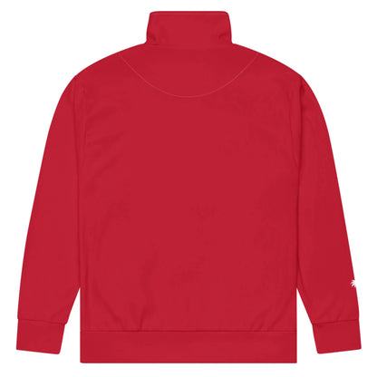 A plain red Mambí track jacket shown from the back, featuring a high collar, long sleeves with cuffs, and a small white detail near the left wrist.