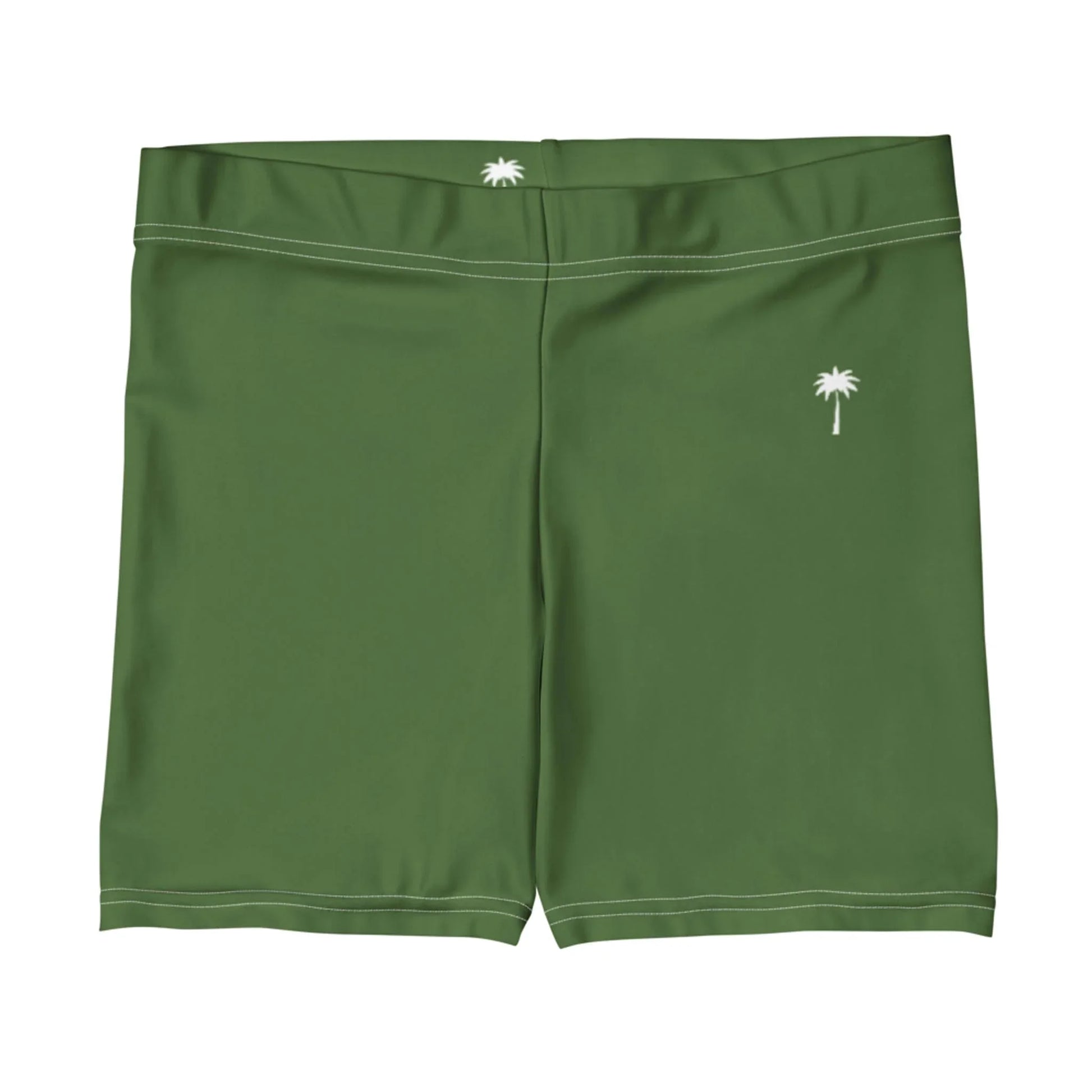 Green swim trunks with white stitching, featuring a small white palm tree graphic on the left leg, a smaller palm tree on the back waistband, and subtle Mambí detailing.