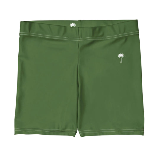 Green swim trunks with white stitching, featuring a small white palm tree graphic on the left leg, a smaller palm tree on the back waistband, and subtle Mambí detailing.