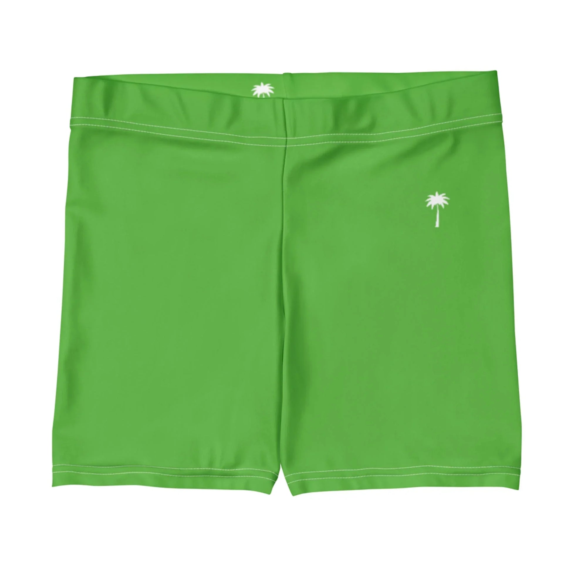 Bright green Mambí swim trunks featuring a small white palm tree graphic on the left leg and another near the waistband on the back, displayed against a white background.