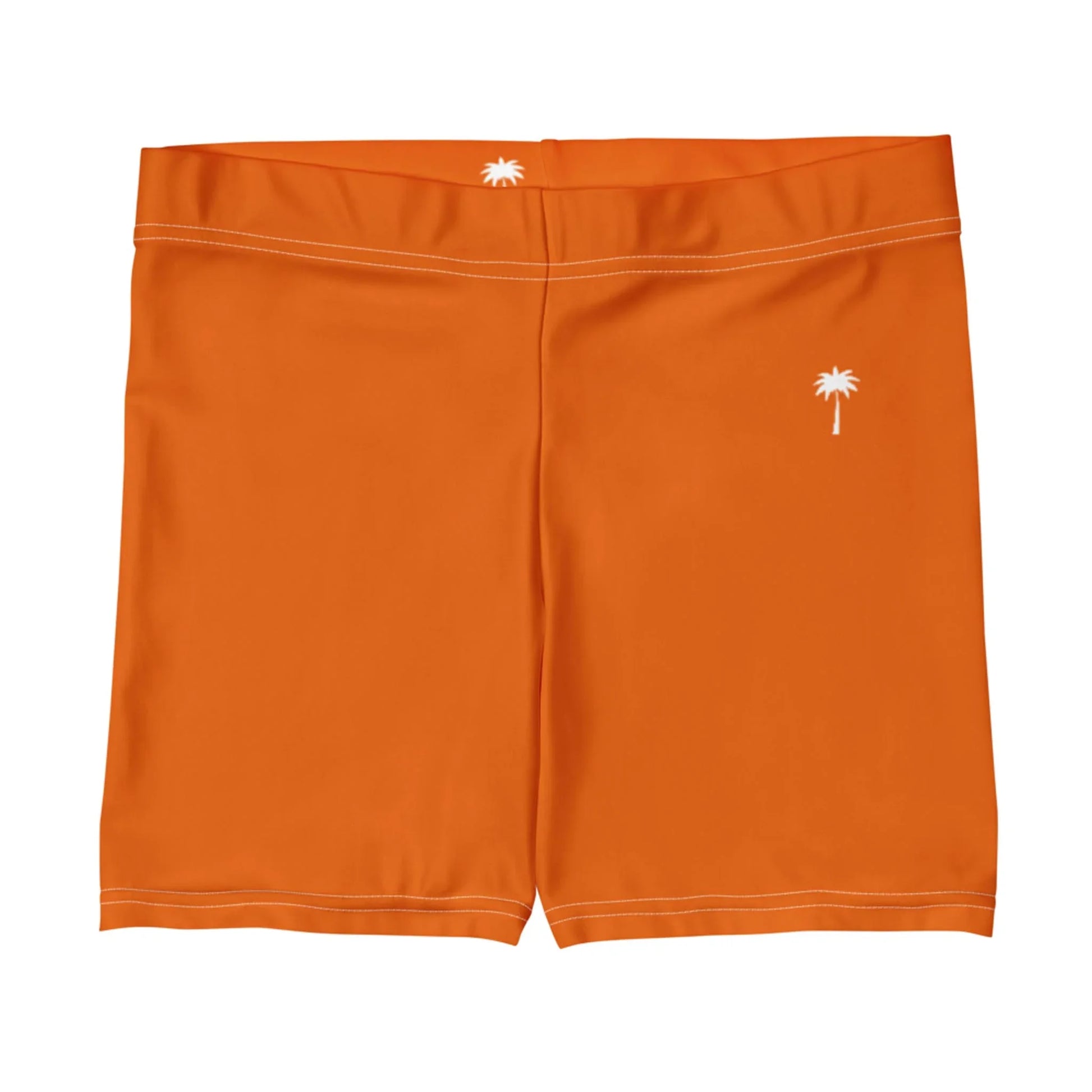 Bright orange Mambí swim trunks with white stitching and small white palm tree logos on the waistband and lower left leg.