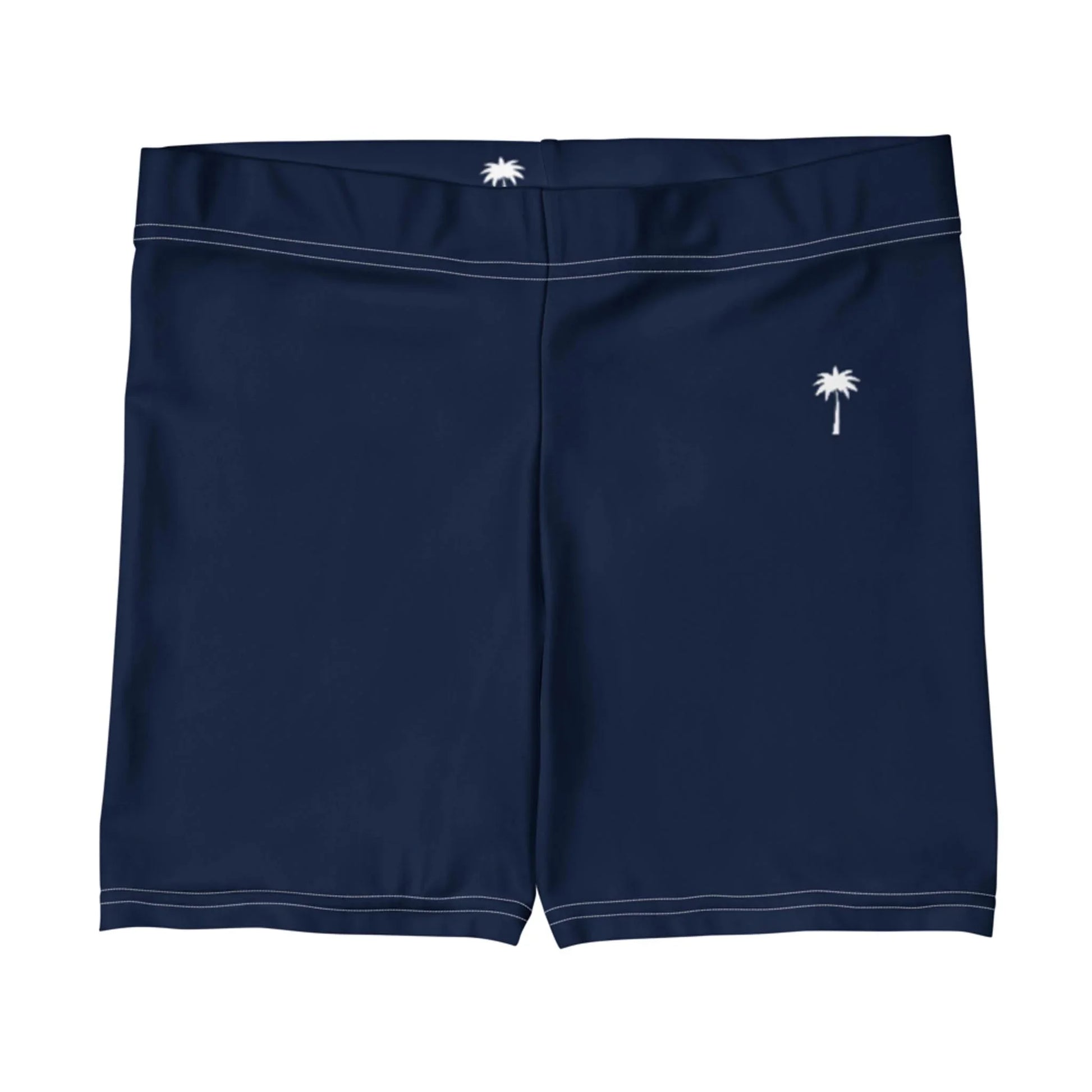 Navy blue swim trunks with white stitching, featuring a small white palm tree logo on the left thigh and another at the center back waistband, inspired by Mambí style.