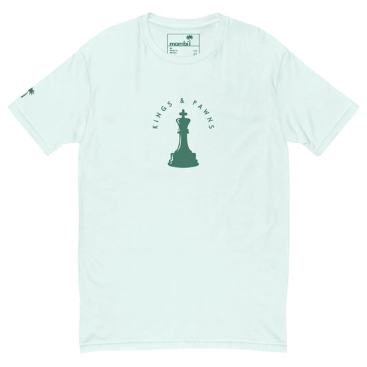 Light blue Mambí t-shirt featuring a green chess king piece graphic in the center, surrounded by the words “KINGS & PAWNS.” A small palm tree accents the left sleeve.