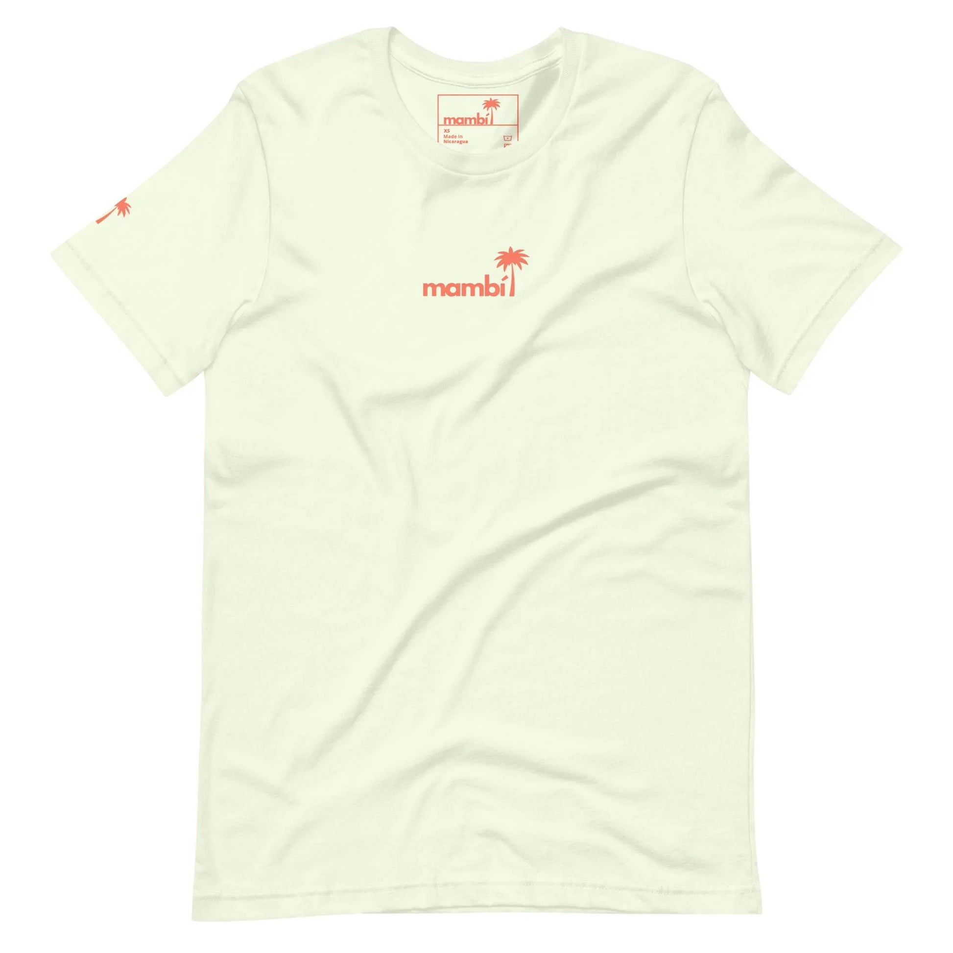 The Knowledge Graphic Tee by Printful is a cream-colored unisex cotton shirt with a red palm tree logo, bold lowercase mambi text on the chest, and a palm icon on the sleeve—blending clever design and laid-back style.