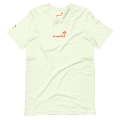 The Knowledge Graphic Tee by Printful is a cream-colored unisex cotton shirt with a red palm tree logo, bold lowercase mambi text on the chest, and a palm icon on the sleeve—blending clever design and laid-back style.