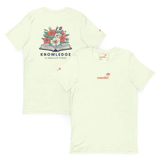 The unisex Knowledge Graphic Tee by Printful features comfy cotton, a red mambi and palm tree on the front, and an open book with flowers plus “KNOWLEDGE IS ABSOLUTE POWER” on the back. Front and back shown in light colors.