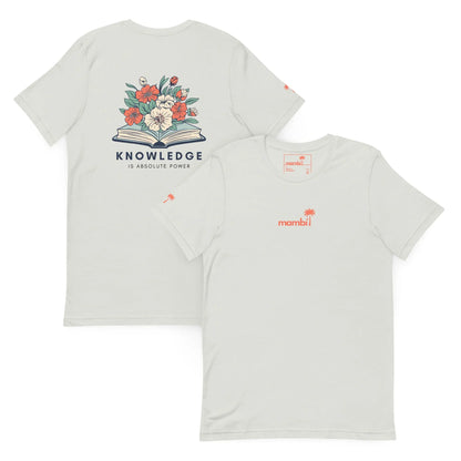 The Knowledge Graphic Tee by Printful features a small red mambi logo with a palm tree on the front and an open book with colorful flowers plus KNOWLEDGE IS ABSOLUTE POWER. on the back. Made from soft cotton, its a clever unisex wardrobe staple.