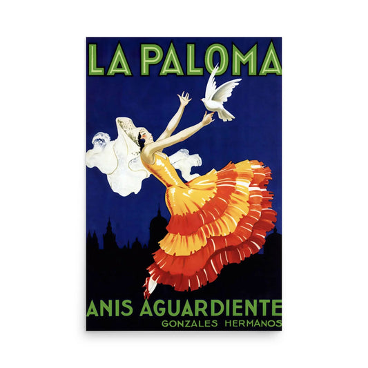 Printful’s La Paloma reprinted vintage poster (24x36) features a flamenco dancer in yellow and red, reaching for a dove, with ANIS AGUARDIENTE GONZALES HERMANOS below—stunning on premium luster paper.