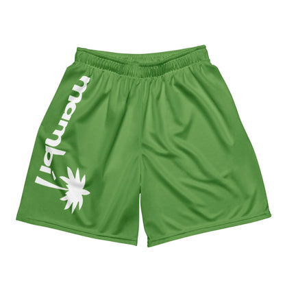Green athletic shorts with an elastic waistband, featuring the word Mambí and a stylized white palm graphic printed vertically along the left leg.
