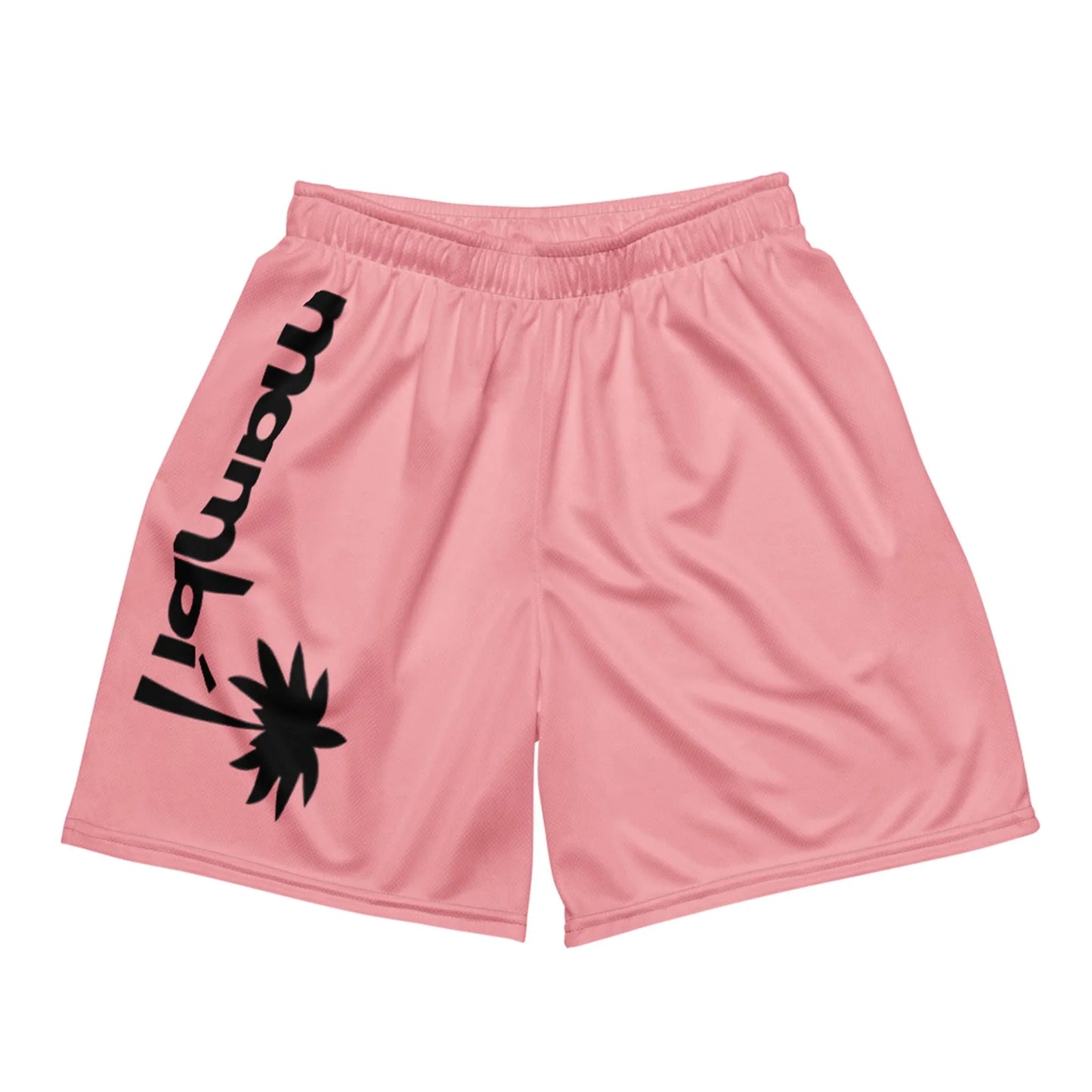 Light pink athletic shorts with an elastic waistband, featuring the word Mambí and a stylized black flower printed vertically down the left leg.