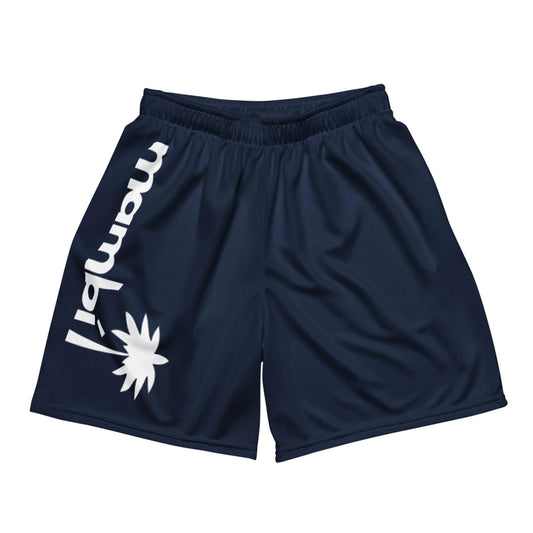 Navy blue athletic shorts with an elastic waistband, featuring Mambí and a stylized white palm logo printed vertically on the left leg.