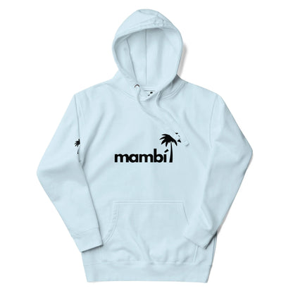 A light blue hoodie featuring Mambí in bold black letters with a black palm tree graphic above the text and on the right sleeve. It has a front pocket and a drawstring hood.