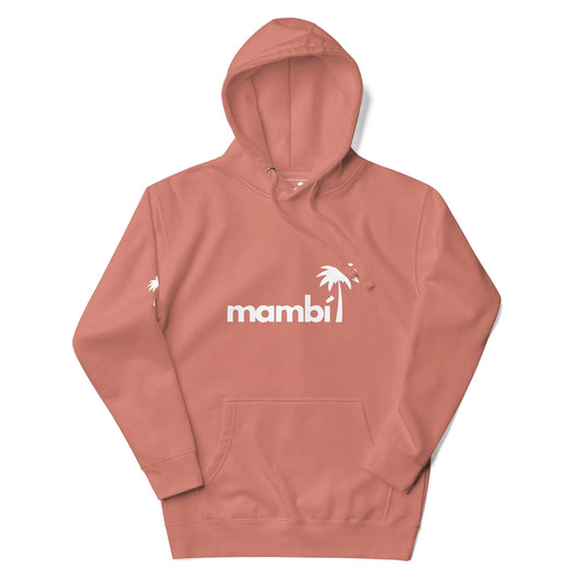 A coral-colored hoodie with a front pocket, featuring the word Mambí in white lowercase letters and a white palm tree graphic above the text on the chest and near the left shoulder.