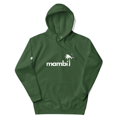 A green hooded sweatshirt with the word Mambí in white letters on the front, featuring a white palm tree graphic above the letter i and another palm tree design on the left sleeve.
