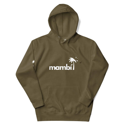 Olive green hoodie with a front pocket and a white Mambí logo across the chest, featuring a stylized palm tree above the letter i. The hoodie includes a drawstring hood.