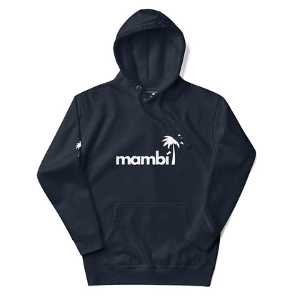 Navy blue hooded sweatshirt featuring Mambí in bold white letters on the front, with a white palm tree graphic above the i.