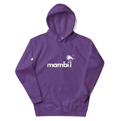 A purple Mambí hoodie featuring the word mambi in white lowercase letters with a white palm tree graphic above the “i” and a front pocket.