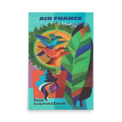A colorful vintage Air France poster featuring two stylized hummingbirds, a large green feather, abstract shapes, and the text AIR FRANCE les caraïbes against a turquoise background, inspired by the vibrant spirit of Mambí.