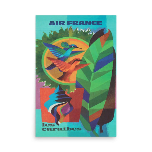 A colorful vintage Air France poster featuring two stylized hummingbirds, a large green feather, abstract shapes, and the text AIR FRANCE les caraïbes against a turquoise background, inspired by the vibrant spirit of Mambí.