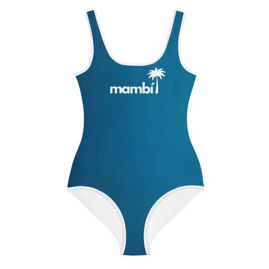 A teal one-piece swimsuit with white trim, featuring the word Mambí and a palm tree graphic in white on the chest.