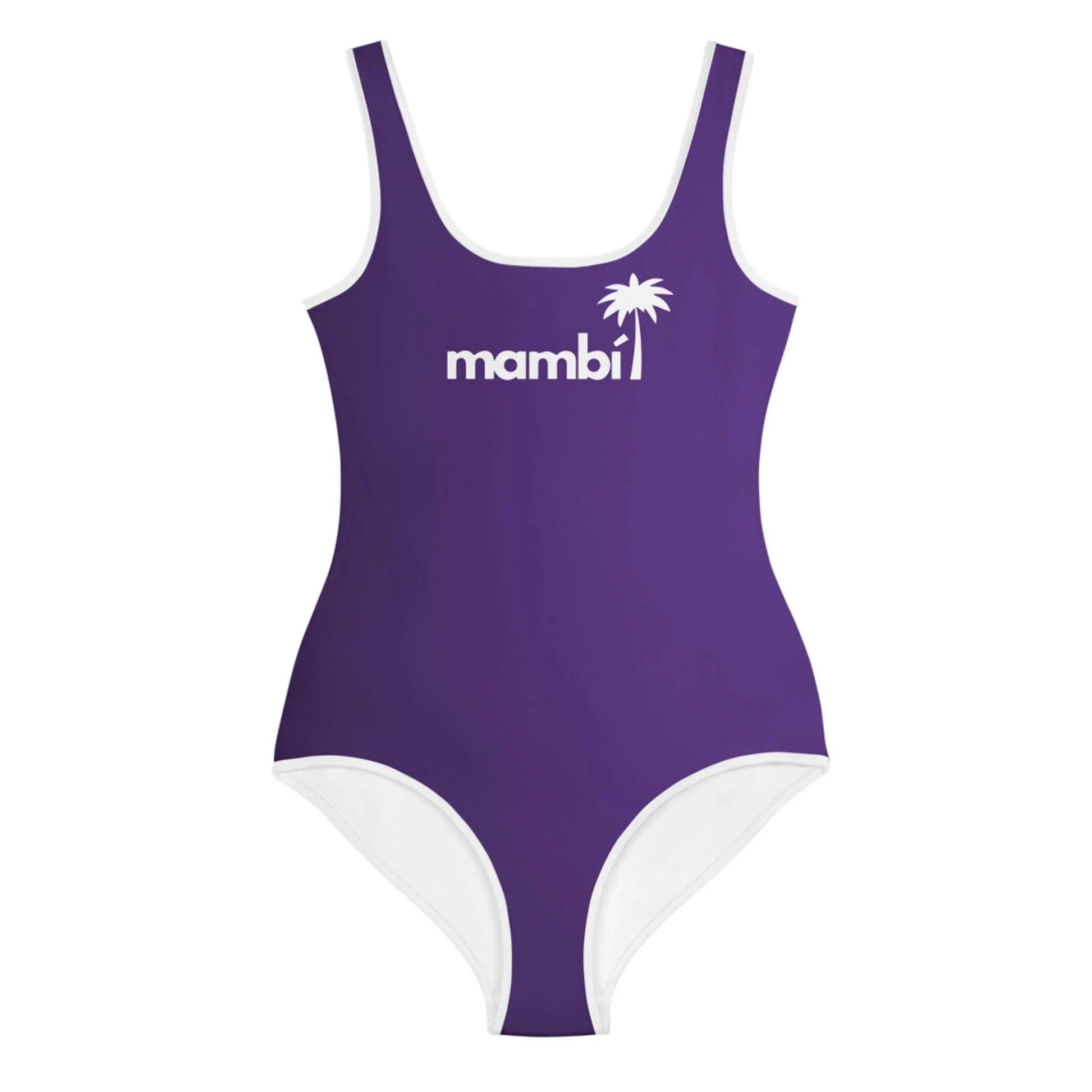 A purple one-piece swimsuit with white trim, featuring Mambí in bold white letters and a white palm tree graphic on the chest.
