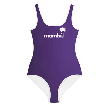 A purple one-piece swimsuit with white trim, featuring Mambí in bold white letters and a white palm tree graphic on the chest.
