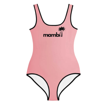 Pink one-piece swimsuit with black trim, featuring the word Mambí and a small palm tree graphic above the chest area.