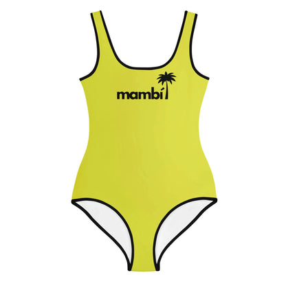 Yellow one-piece swimsuit with black trim, featuring the word Mambí and a black palm tree graphic on the chest. It has a scoop neckline and a simple, sporty design.