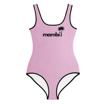 A light pink one-piece swimsuit with black edging, featuring the word Mambí and a small palm tree graphic in black on the chest.