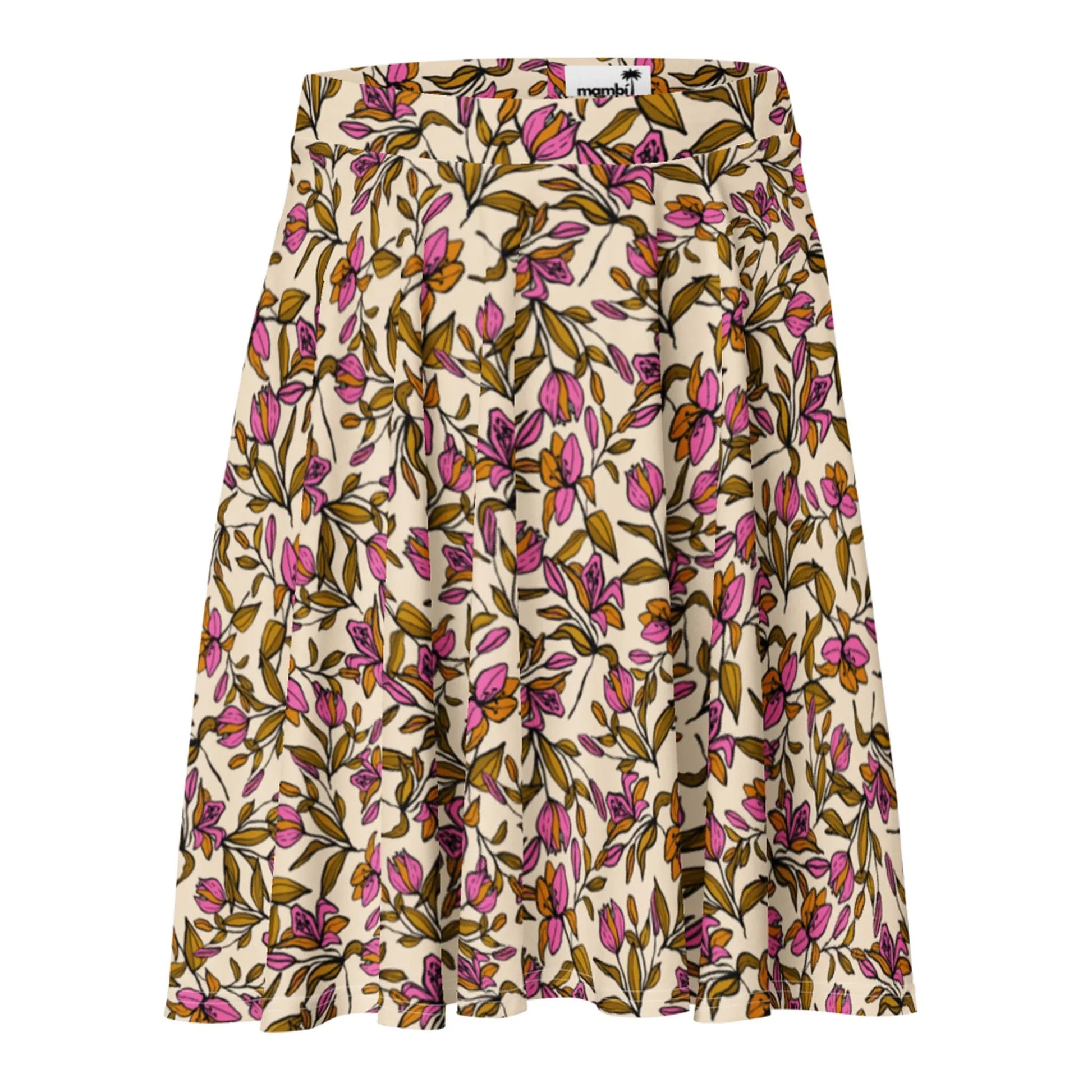 A knee-length Mambí skirt with a beige background featuring an all-over floral print in pink, yellow, and green. The skirt has soft pleats and a fitted waistband.